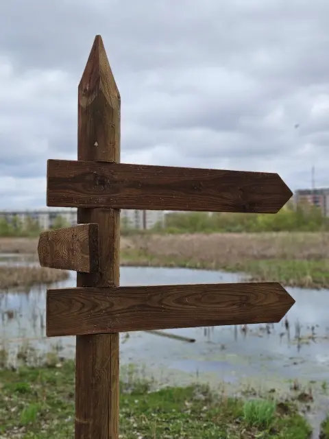 Wegweiser aus Holz vor einem See
