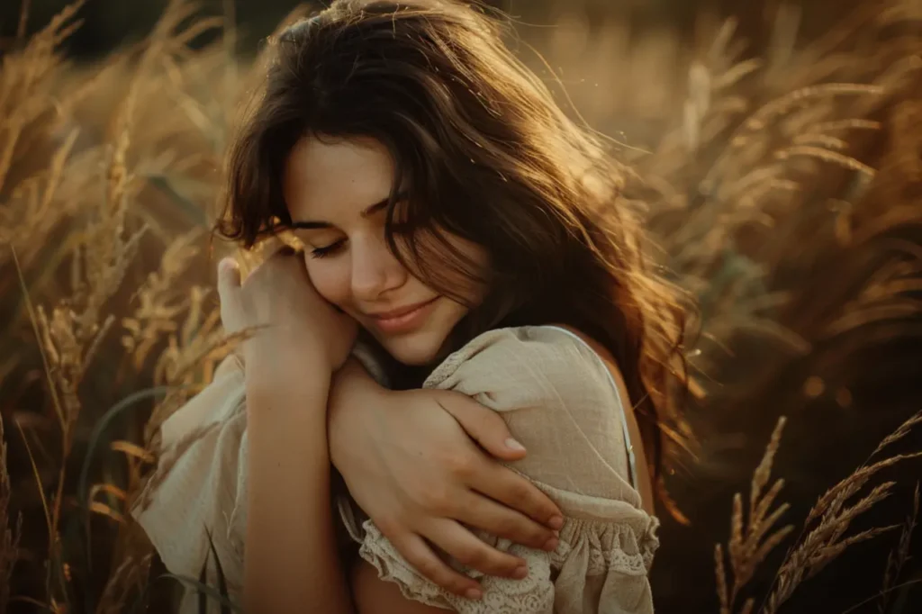 Frau die sich liebevoll selbst umarmt