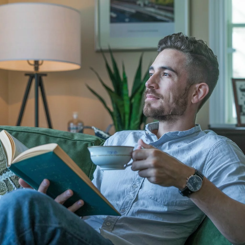 Mann sitzt mit einer Tasse und einem Buch auf einer Couch